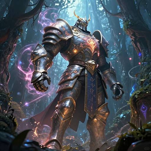 Digital fantasy artwork of a towering, armored warrior with glowing horns and fiery aura, standing in a mystical forest illuminated by blue light.
