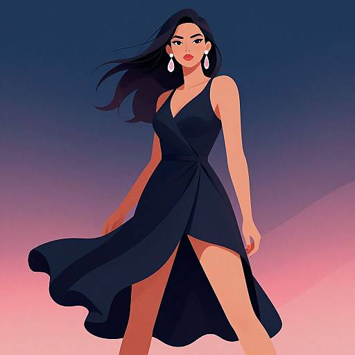 Digital illustration of a confident woman with long black hair, wearing a black, sleeveless, V-neck dress with a thigh-high slit, white earrings,