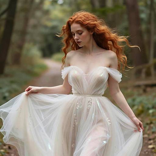 Photograph of a fair-skinned, red-haired woman with wavy hair, wearing an off-shoulder, white, sheer, floral-emb