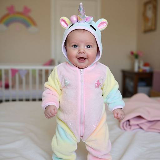 Photograph of a smiling baby in a pastel unicorn onesie with a glittery horn, standing on a bed in a brightly lit, pink-de