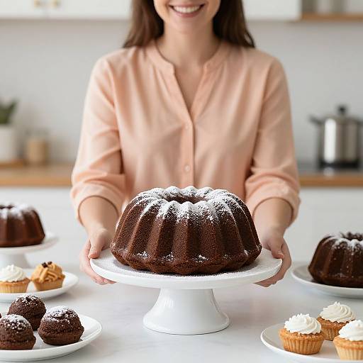 Photograph of a smiling woman in a peach blouse presenting a dusted chocolate bundt cake on a white stand, surrounded by cupcakes and other desserts on