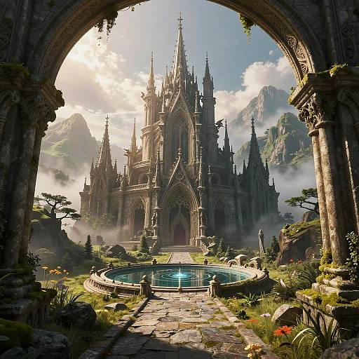 Fantasy CGI: Gothic castle through an ancient arch, surrounded by misty mountains, lush garden, circular pool, and sunlight. Majestic, intricate