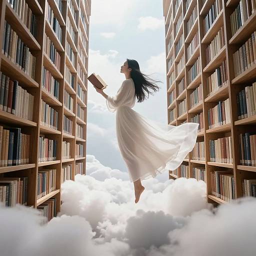 Photograph of a woman with long black hair, wearing a flowing white dress, floating between towering bookshelves, surrounded by clouds, holding a book