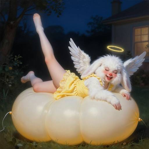 Digital illustration of a joyful, white-winged angel with a halo, wearing a yellow dress, lying on a glowing, inflatable pumpkin at night.