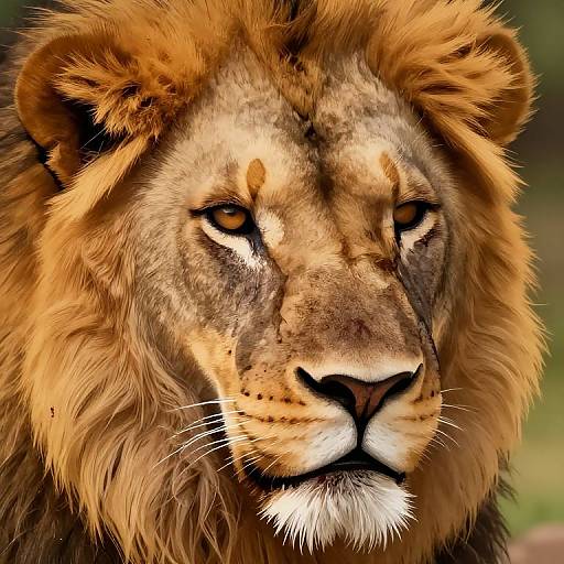 Photograph of a majestic male lion with a thick, golden-brown mane, intense amber eyes, and a serious expression, set against a blurred green