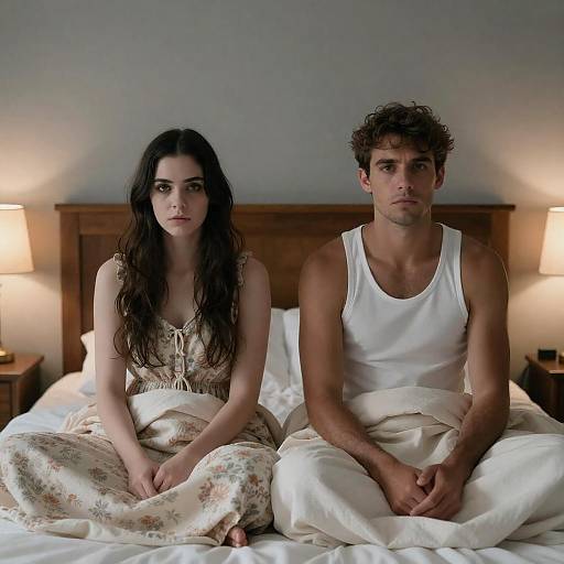 Young Couple Sitting on Bed with Blankets