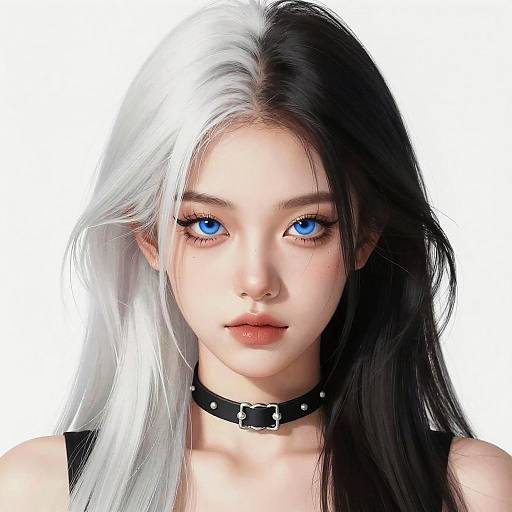Digital portrait of a young woman with striking blue eyes, half-white, half-black hair, black choker, and pale skin, set against a white