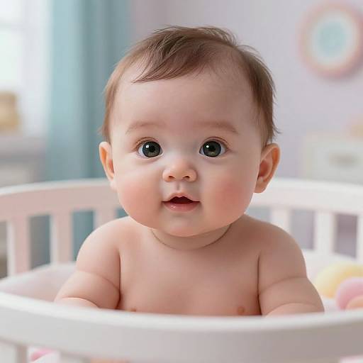 Photograph of a chubby, fair-skinned baby with dark brown hair and large blue eyes, sitting in a white crib, looking curious. Background is