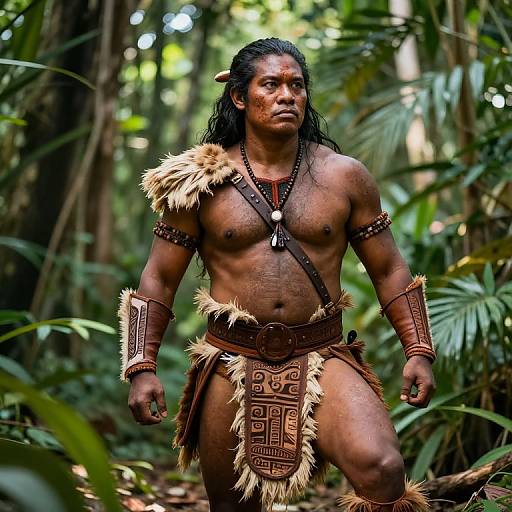 Photograph of a muscular, dark-skinned, Indigenous man with long black hair, wearing tribal fur and leather armor, standing confidently in a dense,