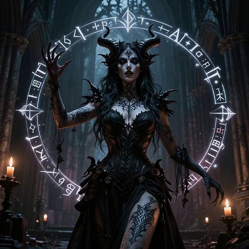 Digital artwork of a dark, demonic woman with horns, intricate tattoos, and black, shredded dress, standing in a gothic cathedral, surrounded by glowing