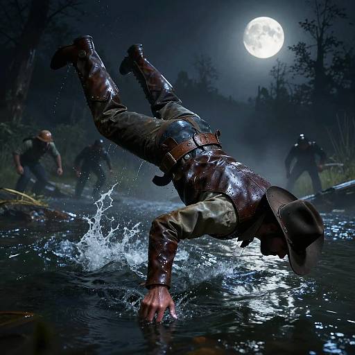 Photograph of a person in wet, dark leather gear, falling forward in a moonlit forest stream, surrounded by mist and other figures.