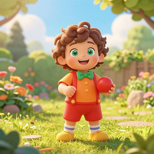 CGI image of a cute, curly-haired boy with green eyes, wearing an orange shirt, red shorts, and green bowtie, holding a red