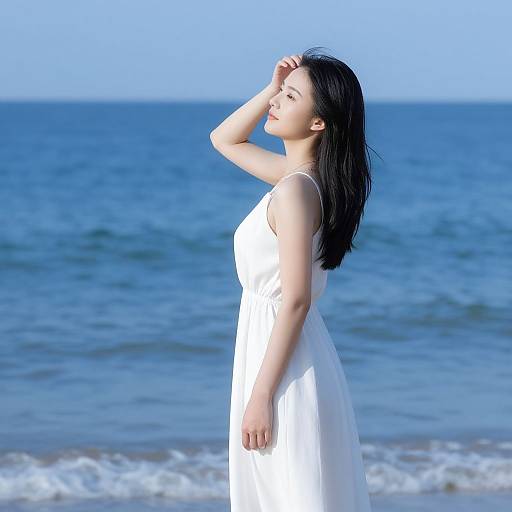 Photograph of an Asian woman with black hair, wearing a white sundress, standing on a beach, looking at the ocean.
