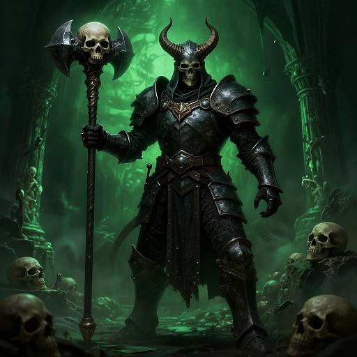 Digital fantasy artwork of a dark armored demon with horns holding a skull-topped axe, surrounded by skulls in a green-lit, eerie, ruins background