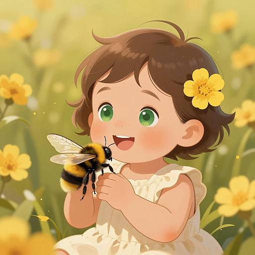 Joyful Baby Girl with Bumblebee Illustration