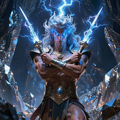 Digital artwork of a muscular, white-haired warrior with glowing blue eyes and electricity emanating from his raised swords, surrounded by jagged crystals.