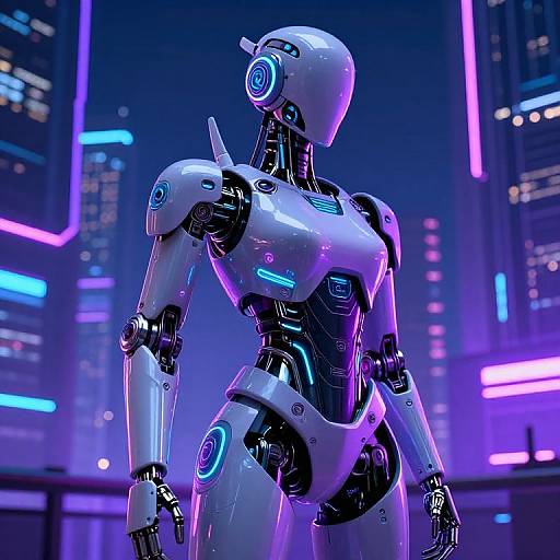 CGI image of a sleek, white, humanoid robot with glowing blue neon accents, standing in a futuristic cityscape with vibrant purple and blue neon lights