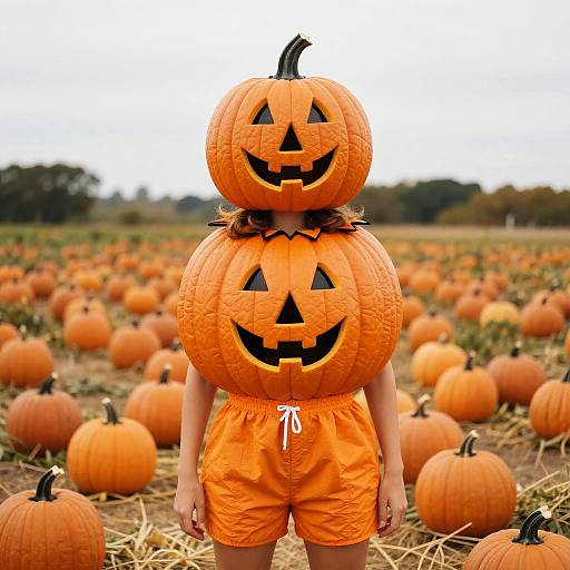Woman in Pumpkin Suit in Field