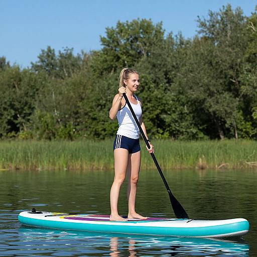 Smiling Woman on Turquoise Paddleboard