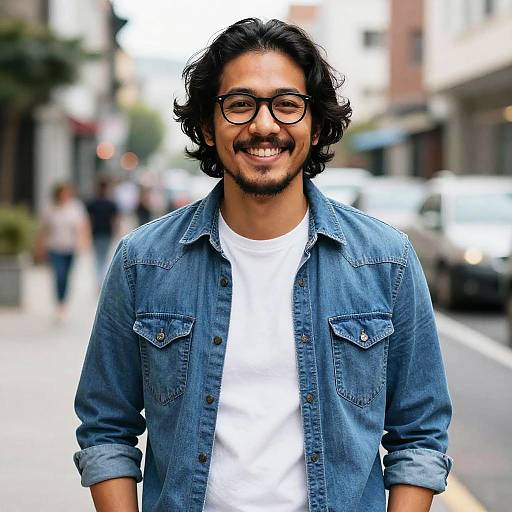 Photograph of a smiling, medium-skinned man with curly black hair, glasses, and a denim jacket over a white t-shirt, standing on a
