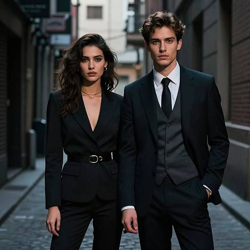 Photograph of a stylish couple in black suits, standing confidently on a narrow urban street with brick buildings in the background. She has long, wavy