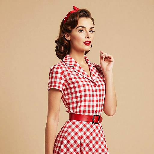 Photograph of a vintage-style woman with fair skin, red lipstick, and dark wavy hair, wearing a red and white checkered dress with a