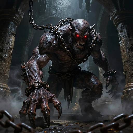 CGI image of a muscular, demon-like creature with red eyes, sharp teeth, and chains, crouching in a dark, misty,