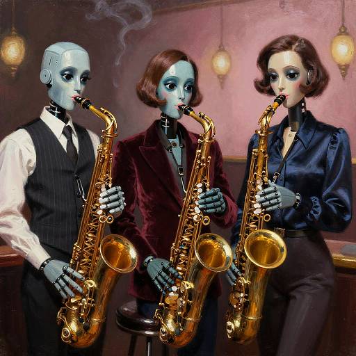 Digital art of three humanoid robots with blue faces, playing golden saxophones in a dimly lit bar; two wear formal attire, one in a