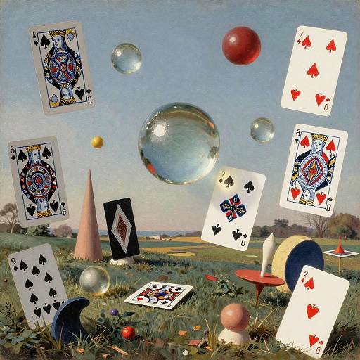Photograph of floating playing cards, bubbles, and balls on a grassy field with cones and a landscape background. Cards include Aces of Spades