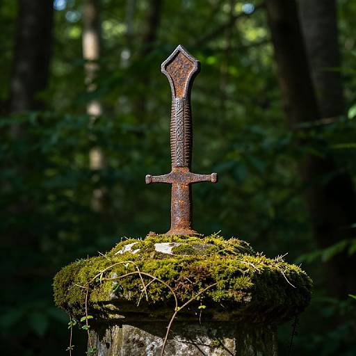 Rusted, ornate sword with a Gothic hilt, embedded in moss-covered wooden stump, set against a dark, dense forest background. Photograph