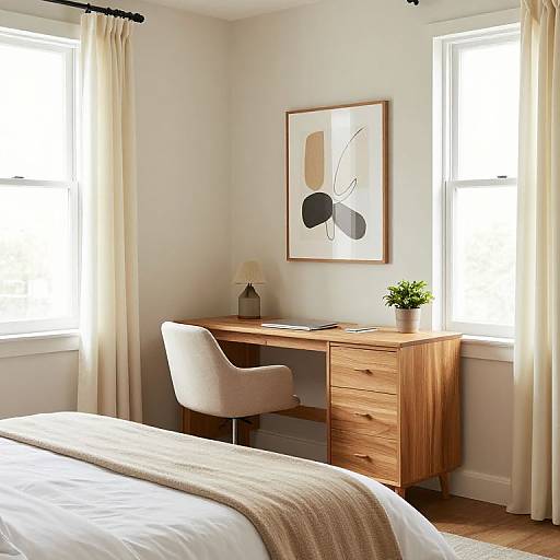 Bright, minimalist bedroom with wooden desk, white chair, abstract art, beige curtains, white bedspread, and potted plant on sunny windowsill.