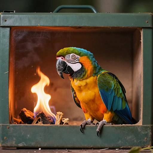 Photograph of a vibrant green, blue, and orange macaw perched in front of a small, flickering fire inside a dark green metal box