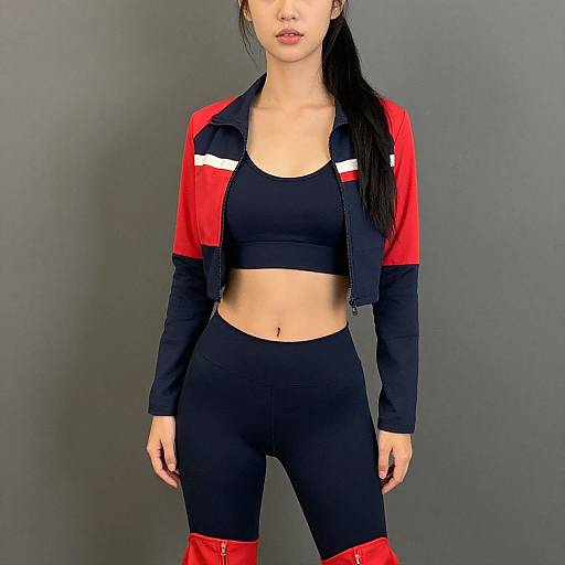 Photograph of an Asian woman with long black hair, wearing a red and black cropped jacket, black sports bra, and black leggings with red knee-high