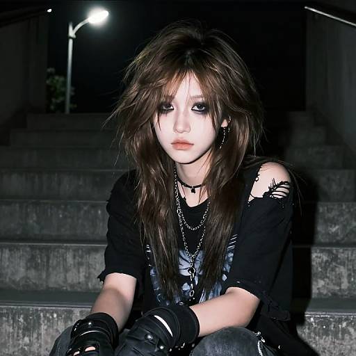 Digital artwork of a gothic teenager with pale skin, long brown hair, black leather outfit, and gloves, sitting on dark, concrete stairs at night