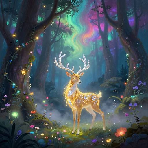 Digital fantasy artwork of a glowing, antlered deer with luminous spots, standing in a magical forest illuminated by colorful fairy lights and ethereal aur