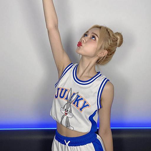 Playful Blonde Woman in Looney Tunes Outfit