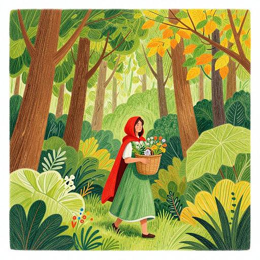 Illustration of Little Red Riding Hood in a vibrant forest, wearing a red hood and green dress, carrying a basket of flowers. Bright colors, lush