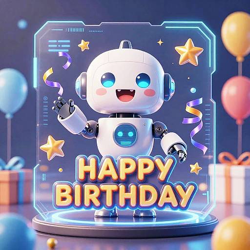 CGI image of a cute, white robotic character with blue eyes, waving and smiling, inside a glowing blue frame with 