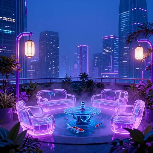 Neon-lit rooftop patio with glowing purple chairs, blue water fountain, and floating fish, surrounded by futuristic city skyscrapers at night.