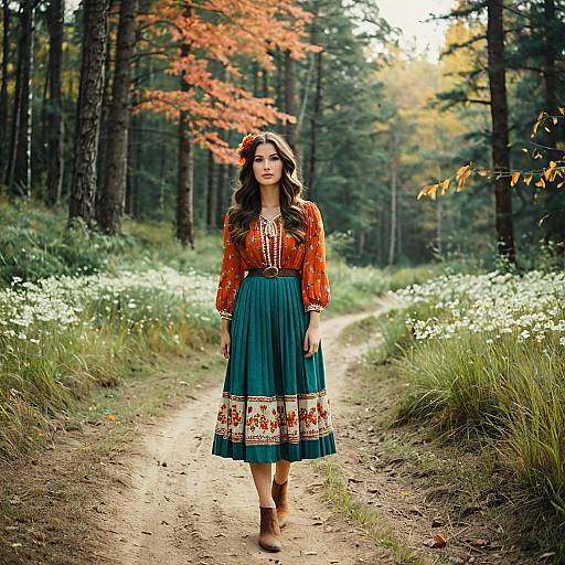 Woman in Vintage Dress Walking on Forest Path