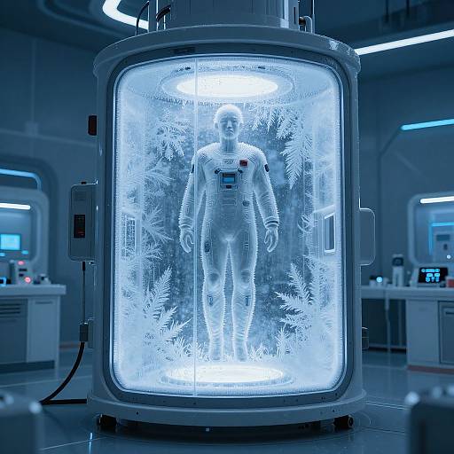 Photograph of a transparent, illuminated cryogenic chamber containing a frozen, naked human figure with a bio-monitor attached, in a futuristic laboratory setting.