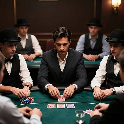 Intense Poker Game with Bowler Hat Men