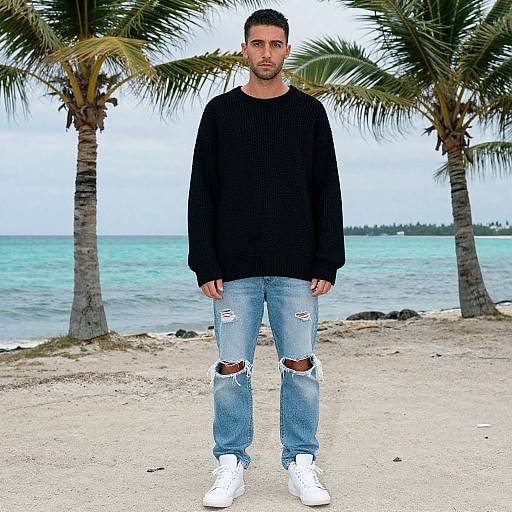 Photorealistic image of a bearded man with short dark hair, wearing a black sweater, ripped blue jeans, and white sneakers, standing on a