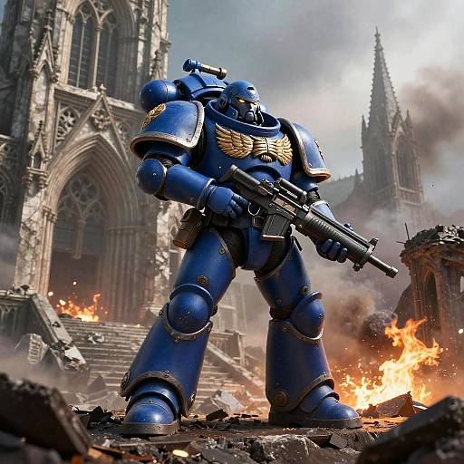 Ultramarines Commander on Ruined Cathedral