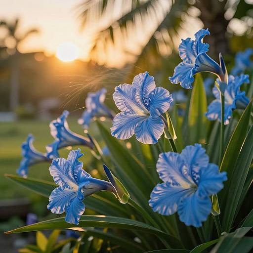 Photograph of vibrant blue irises with frilled petals, bathed in golden sunset light, against a blurred background of palm trees and greenery.