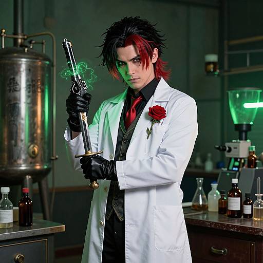 Digital artwork of a red-haired man in a white lab coat, black gloves, and red flower, holding a smoking gun in a dimly lit laboratory