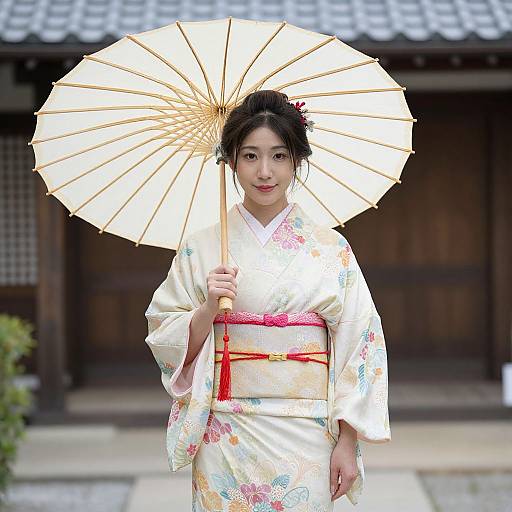 Japanese woman in white floral kimono, holding a traditional paper parasol, standing in front of a wooden building. Photograph.