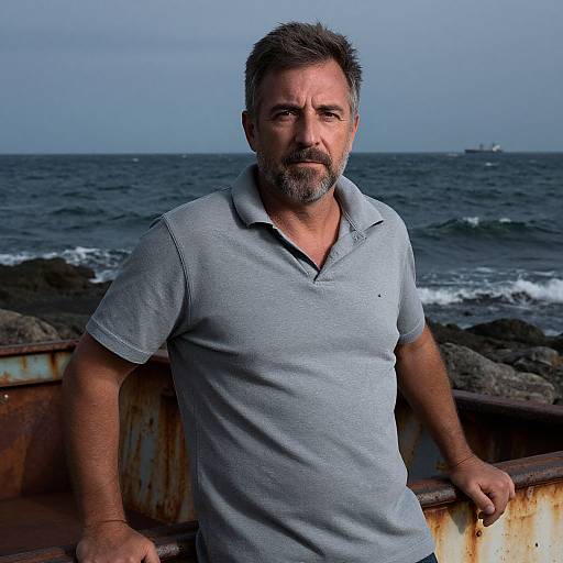 Photograph of a middle-aged man with gray hair and beard, wearing a light gray polo shirt, leaning on a rusty pier by the ocean.