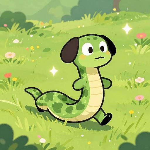 Cute cartoon green snake with black ears and spots, standing in a bright, sunlit meadow with colorful flowers and sparkles.