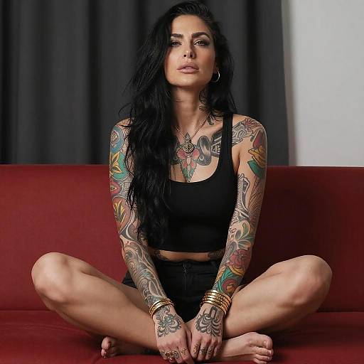 Tattooed Woman on Red Couch